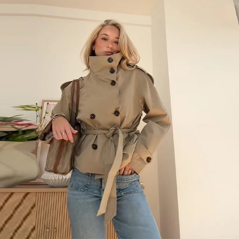 Trench-coat à col montant pour femme, veste à manches longues avec ceinture et Double boutonnage, à la mode, Chic, vêtements d'extérieur, automne 2025