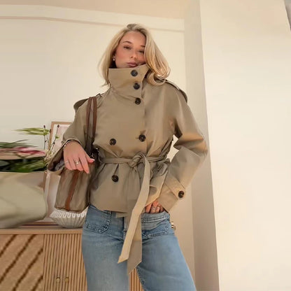 Trench-coat à col montant pour femme, veste à manches longues avec ceinture et Double boutonnage, à la mode, Chic, vêtements d'extérieur, automne 2025