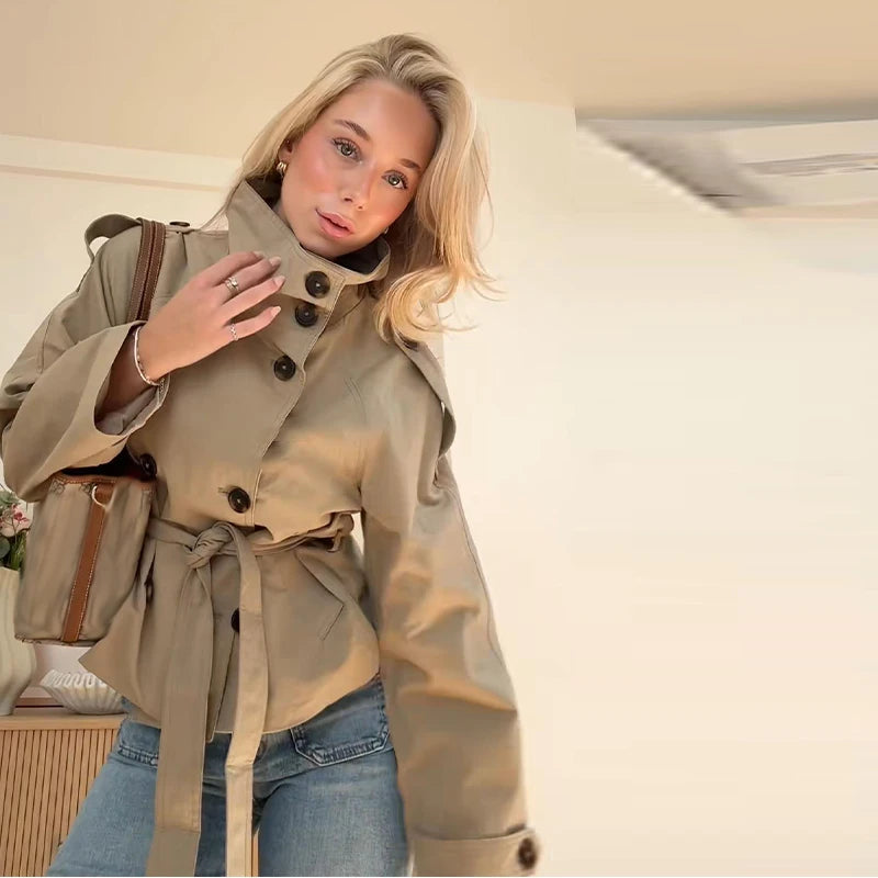Trench-coat à col montant pour femme, veste à manches longues avec ceinture et Double boutonnage, à la mode, Chic, vêtements d'extérieur, automne 2025