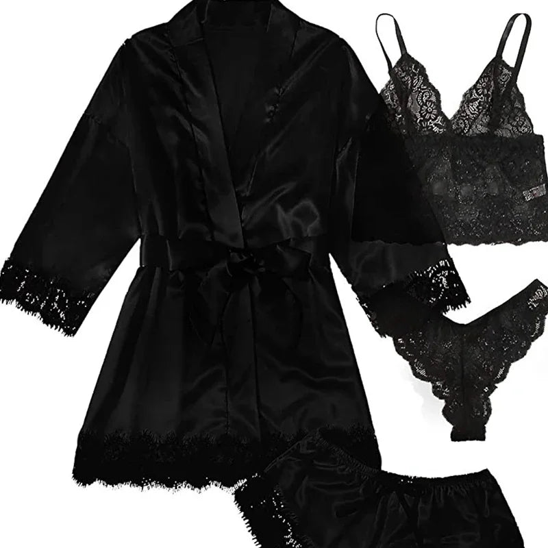 Pyjama Sexy pour femmes, chemises de nuit, Lingerie, short, 4 pièces, Camisole en dentelle, ensemble pyjama, Robe de maison, vêtements de loisirs