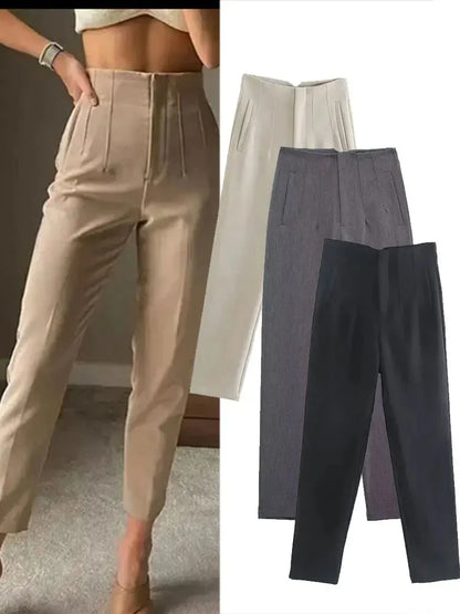 HH 2025 femmes couleur unie bureau coupe ajustée crayon pantalon taille haute fermeture éclair mouche femmes trajet poche garniture pantalon Streetwear