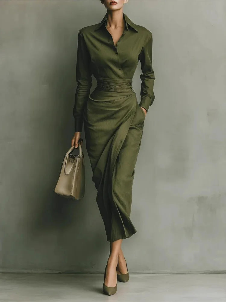 Robe mi-longue décontractée à col rabattu pour femme, tenue de soirée à manches longues, Patchwork, tenue de bureau, Slim Fit, nouvelle collection printemps automne 2025