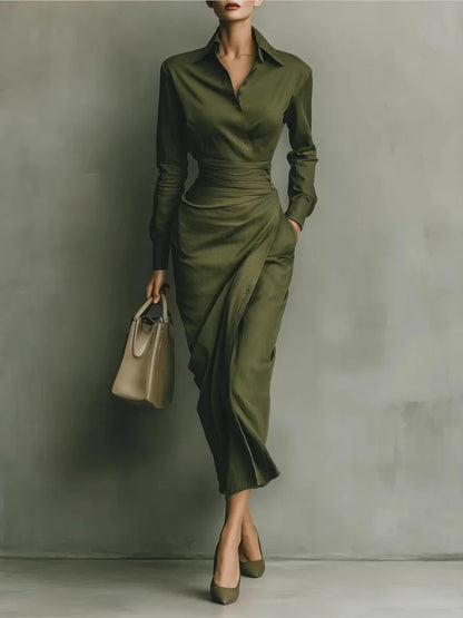 Robe mi-longue décontractée à col rabattu pour femme, tenue de soirée à manches longues, Patchwork, tenue de bureau, Slim Fit, nouvelle collection printemps automne 2025