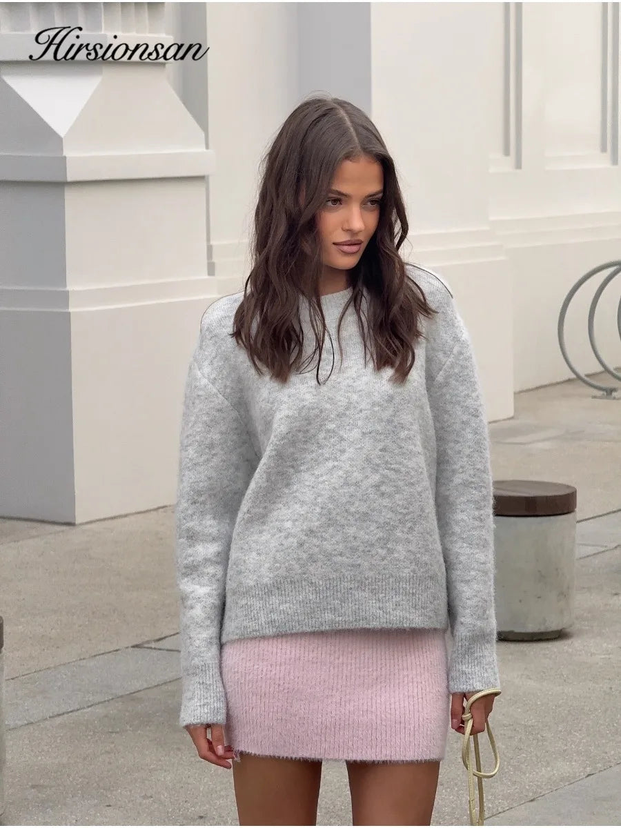 Hirsionsan basique col rond manches de base pull femmes 2025 surdimensionné court tricoté laine pull femme décontracté épais chaud doux hauts