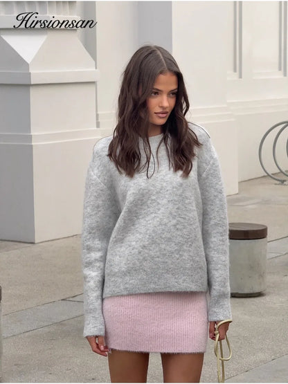 Hirsionsan basique col rond manches de base pull femmes 2025 surdimensionné court tricoté laine pull femme décontracté épais chaud doux hauts