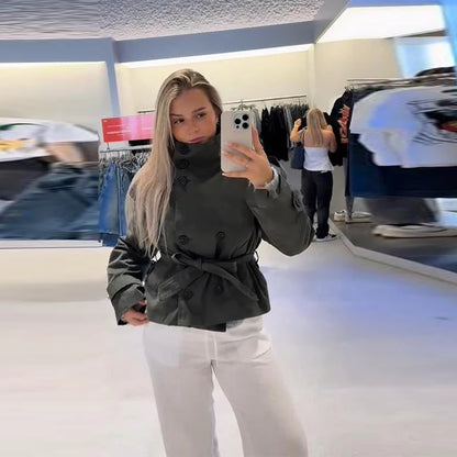 Trench-coat à col montant pour femme, veste à manches longues avec ceinture et Double boutonnage, à la mode, Chic, vêtements d'extérieur, automne 2025