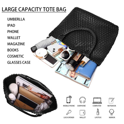 Sac fourre-tout tissé pour femme, sacs à main à bandoulière en cuir végétalien, fourre-tout de plage d'été à la mode, grands fourre-tout de voyage