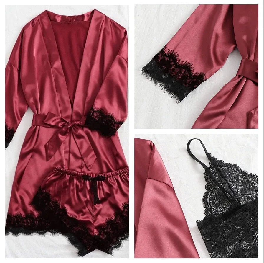 Pyjama Sexy pour femmes, chemises de nuit, Lingerie, short, 4 pièces, Camisole en dentelle, ensemble pyjama, Robe de maison, vêtements de loisirs